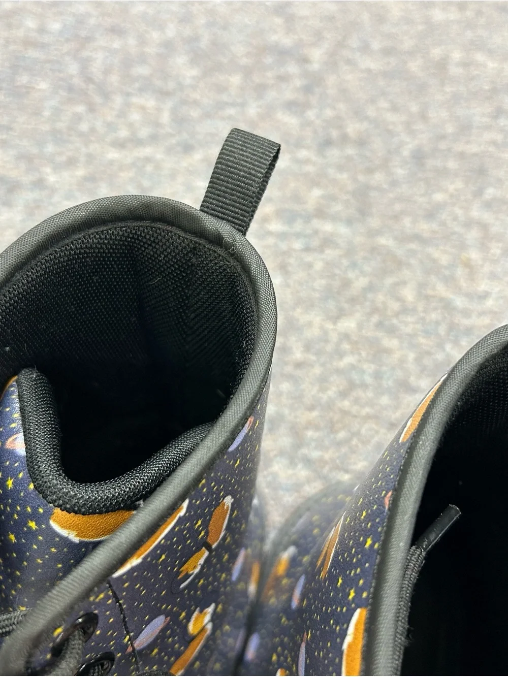 Navy Corgi dogs in space print Lace-Up Boots. Water resistant.